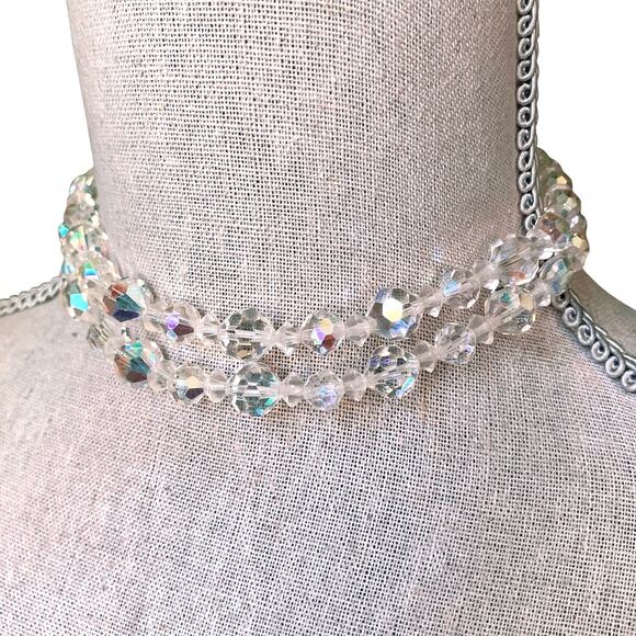 VTG 1950-60s Necklace AB Crystal Graduated Bead Double Strand Choker Layered MCM - Picture 7 of 12